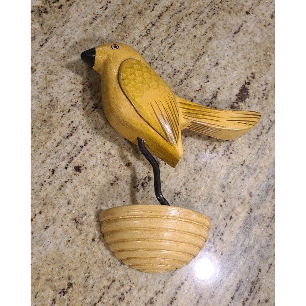 Vintage Painted Carved Perched Bird Wall Hanging Yellow Folk Art About 9"